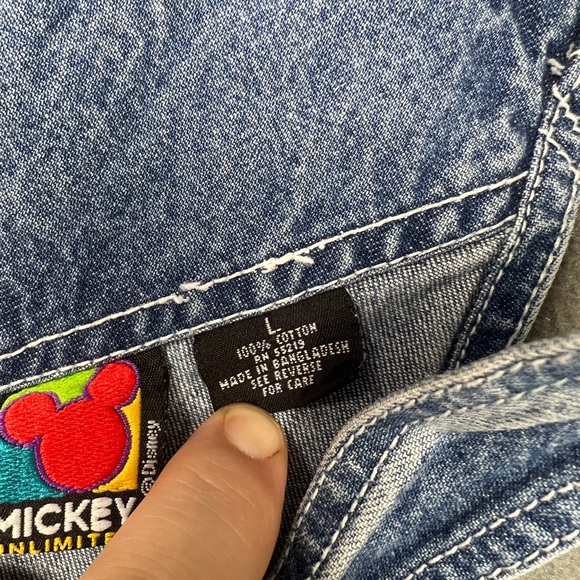 Mickey Mouse Denim Overall Bib Shorts Sz L USA Theme Blue Big Mickey Graphic - Picture 8 of 16